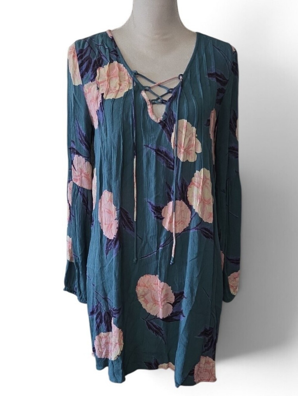 Billabong Just Like You Teal Floral Lace-Up Women’s Tunic Dress Size Small
